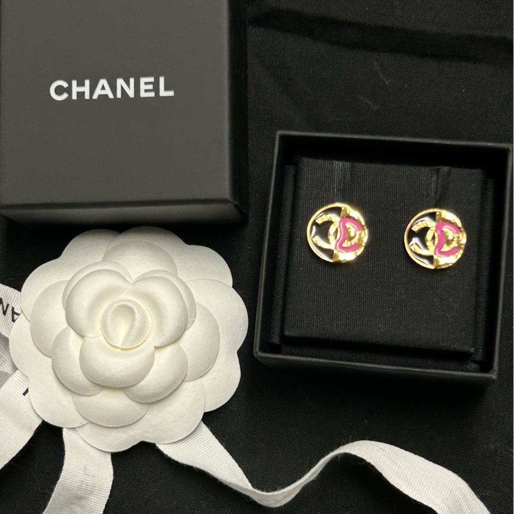 CHANEL Earrings Gold and Pink Logo Earrings
